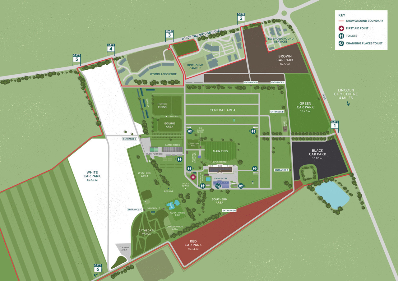 Map of Lincolnshire Showground showing gates, buildings and colour-coded car parks